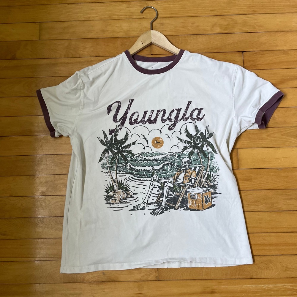 Youngla Mens Skeleton Beach Graphic Ringer T-Shirt White Maroon Large Distressed